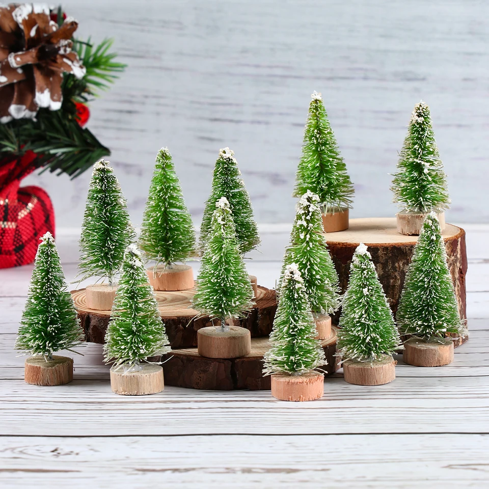 Lot De 8 Sapins De Noël Miniatures 7cm - Avec Effet Neige - Décoration Table, DIY, Village De Noël - Sisal Et Bois