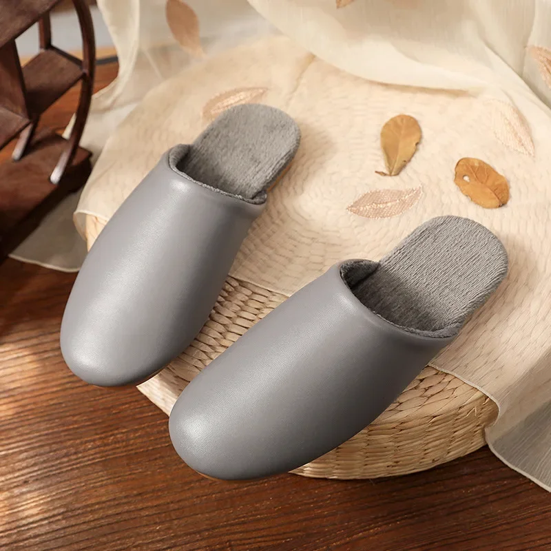 Waterproof Leather Slippers Men Cotton Home Shoes Fashion Winter Warmer Indoor Househ Non-slip Women House Couple Slippers Shoes