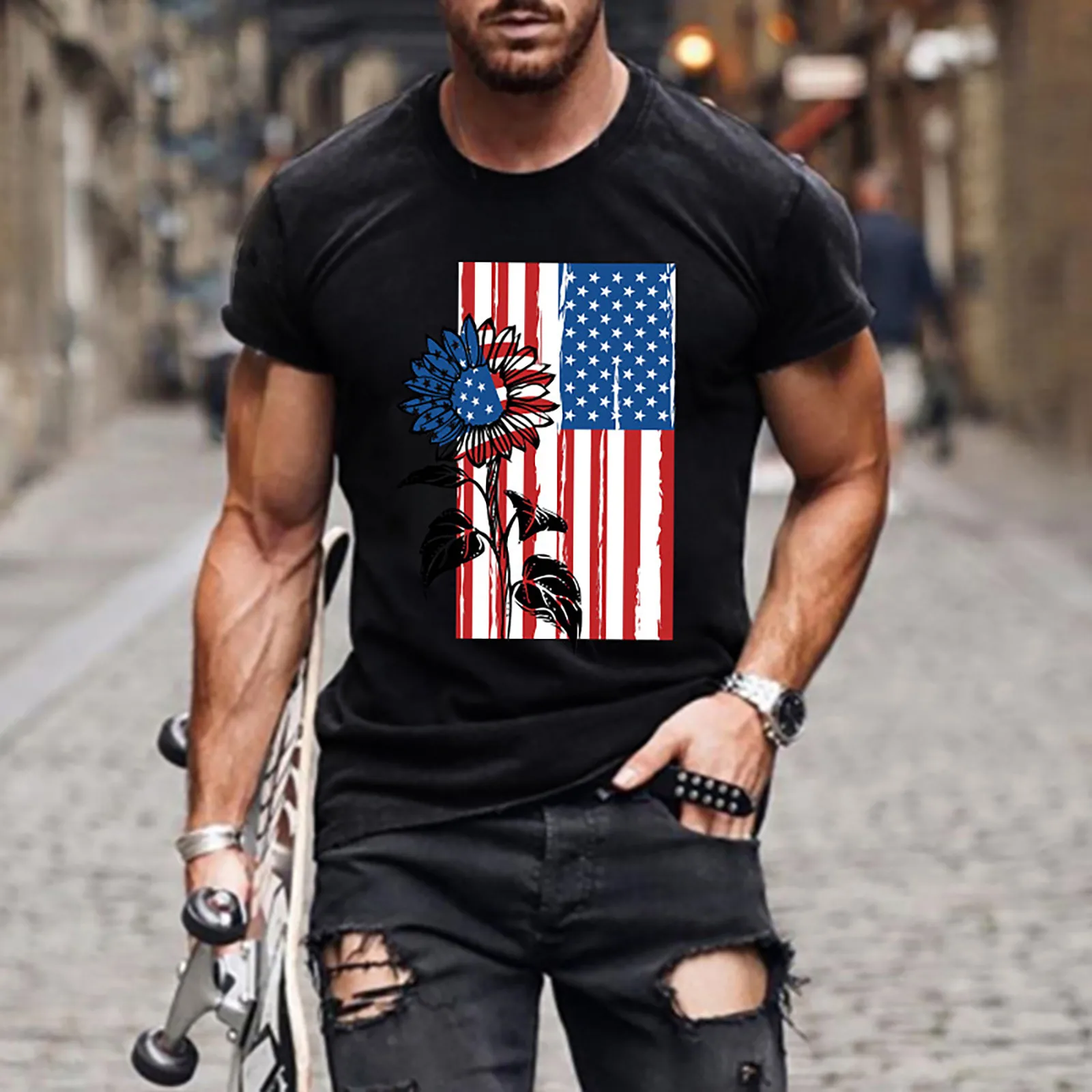 

Men's Sunflower T Shirt Independence Day Commemorative T Shirt D Fourth Of July Flag Pattern Retro T Shirt Basic Top Sports