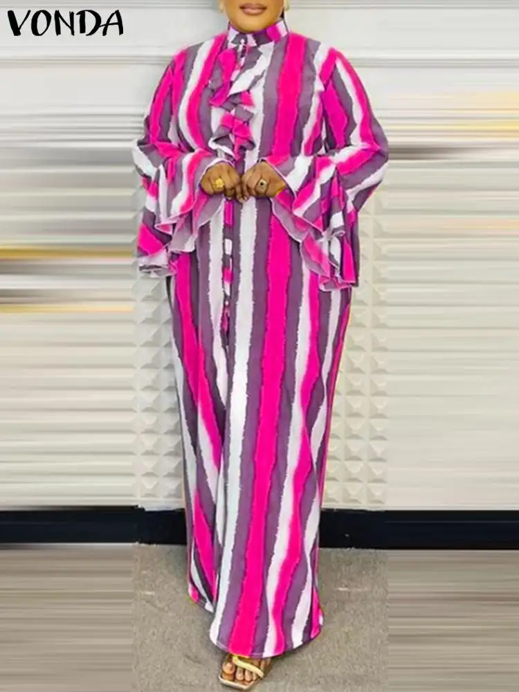 

Женское платье с рисунком VONDA, Элегантный Модный сарафан с воротником-стойкой и расклешенными рукавами, Повседневное платье с оборками, 2024