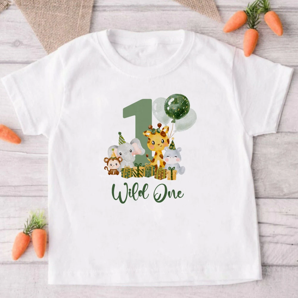 Wild One Safari Animals Printed Kids Birthday Shirt Boys Girls T-Shirt Wild Birthday Party Outfits Toddler Short Sleeve Clothes 3