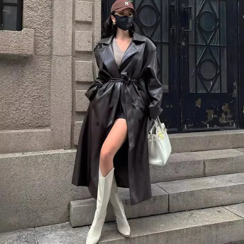 V-Neck Lace-Up Leather Long Coat main image 1