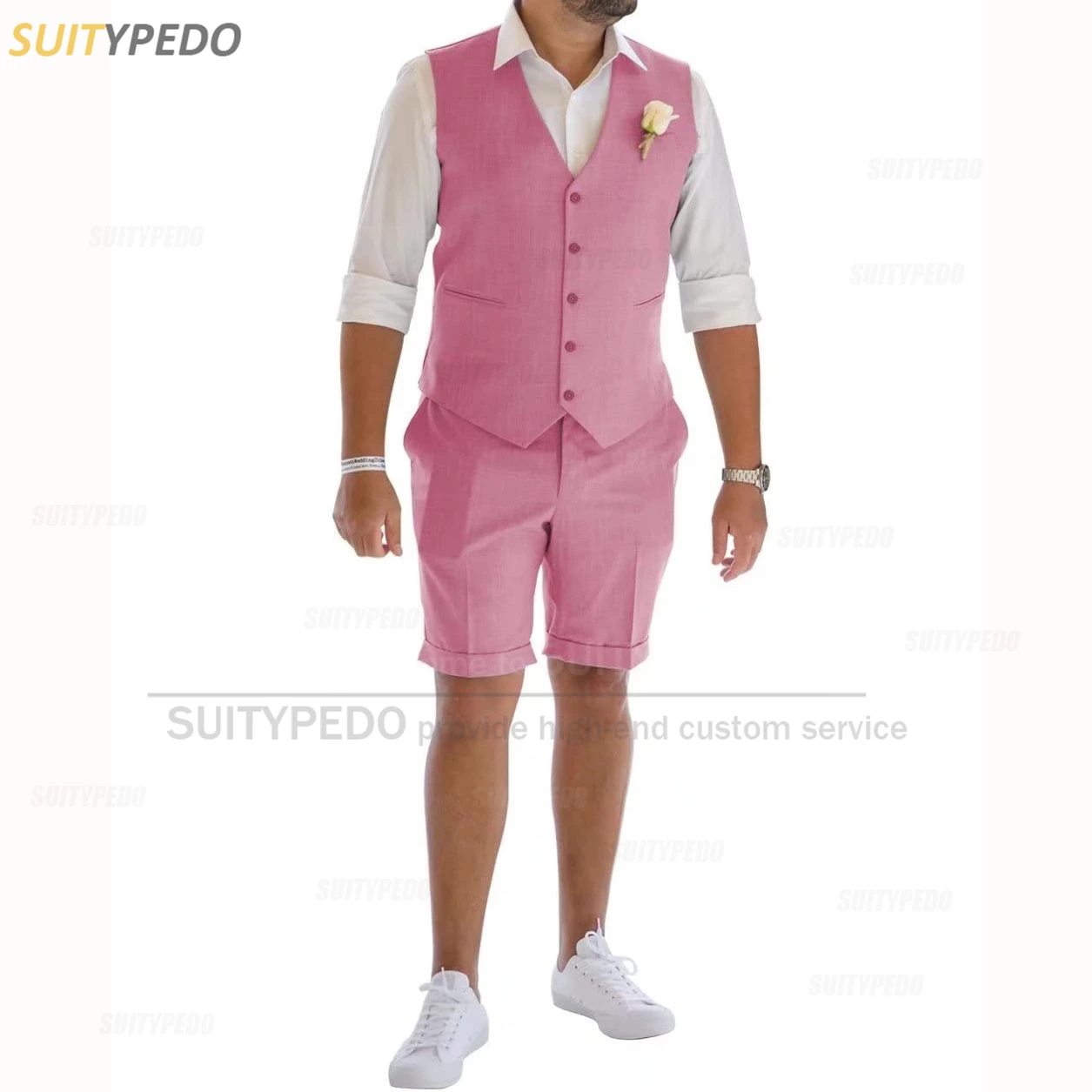 Linen Suits for Men 2 Pieces Casual Slim Fit Suit Vest with Shorts Set Prom Wedding Tuxedos for Groomsmen ( Waistcoat+Pants ) 5