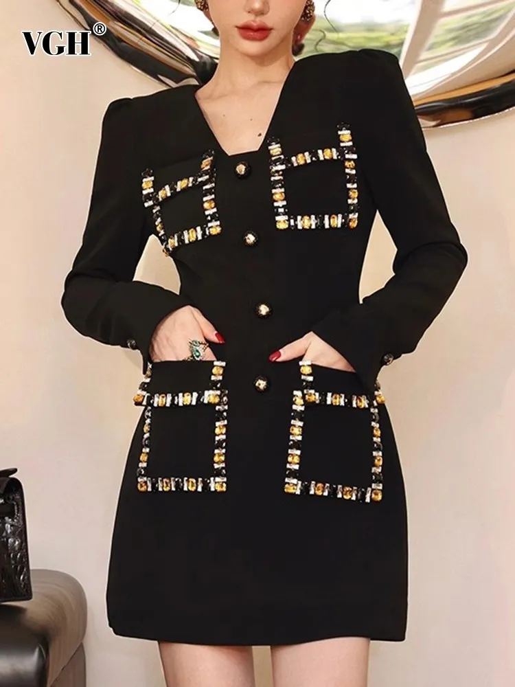 

VGH solid patchwork embroidery elegant dress for women v neck long sleeve high waist spliced button temperament dresses female