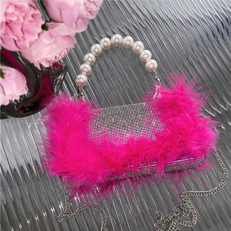

Exquisite Feather Decoration Evening Bag Female Luxury Ostrich Hair Banquet Bags Shiny Diamond Pearl Beadeed Clutch Bags XA663H