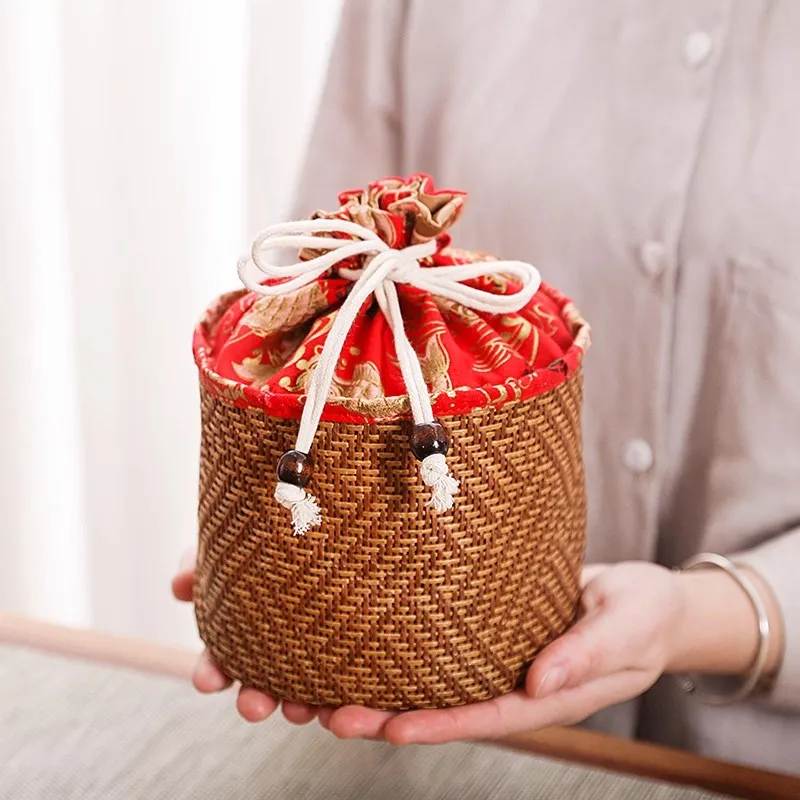 Handwoven Rattan Tea Canister Bag - Round Bottom Drawstring Gift Pouch for Loose Tea & Tea Set Storage - Portable Woven Tea Leaf