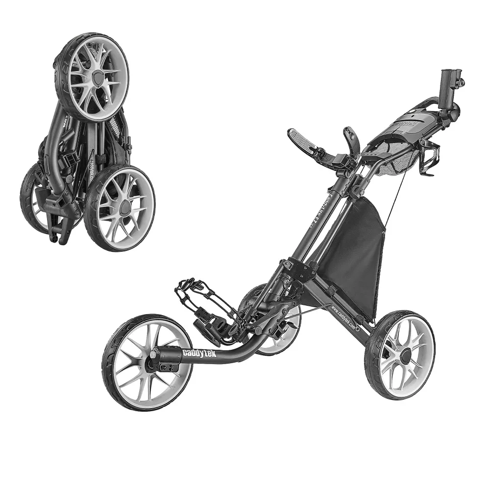 CaddyTek 3 Wheel Golf Push Cart - Foldable Collapsible Lightweight Pushcart with Foot Brake - Easy to Open & Close 4
