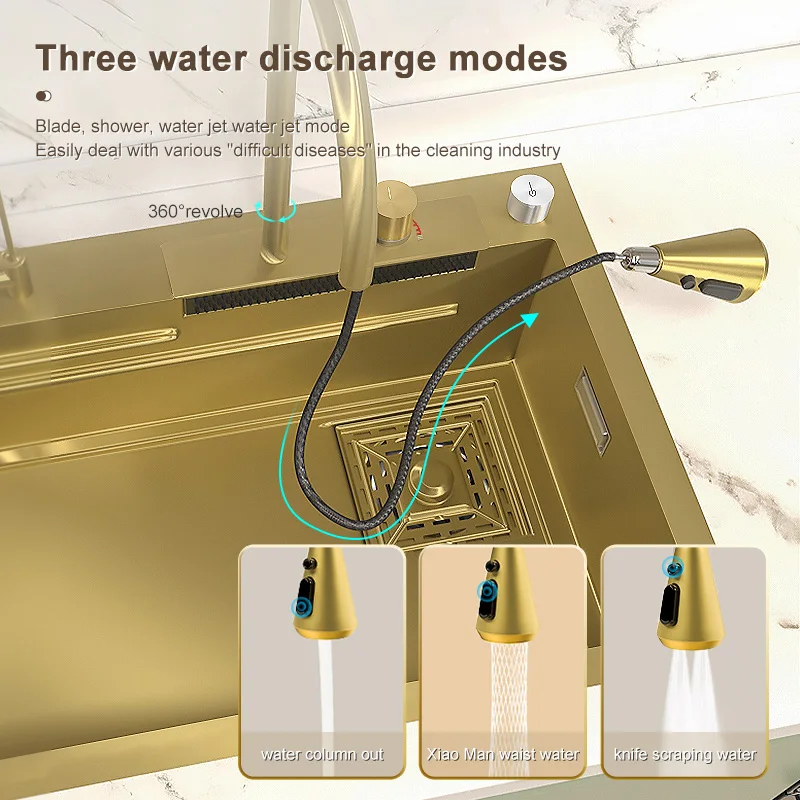 Golden Stainless Steel Kitchen Sink Waterfall Sink Large Single Slot Multifunctional Washbasin With Waterfall Faucet For Kitchen