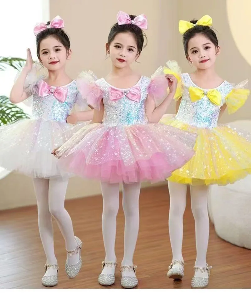 Yellow White Kids Ballroom Clothing Sequined Modern Dance Tutu Dress Girls Dance Costume Stage Wear Wedding Princess Dresses