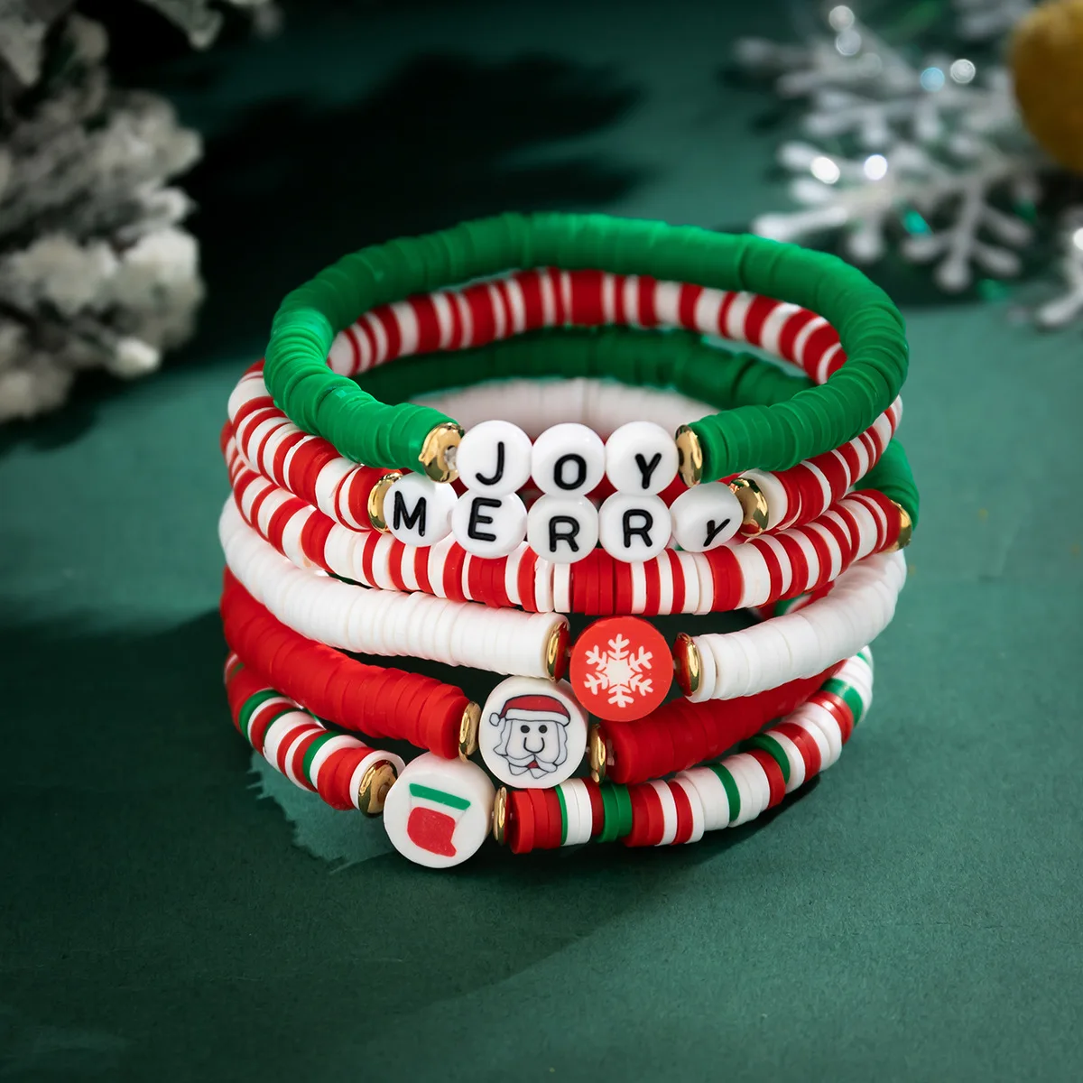 Handmade Bracelets, Clay Bead Bracelets, Ho Ho Christmas Green & Red - Set  Of 2