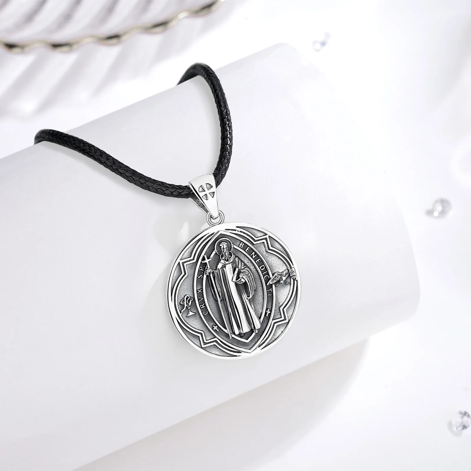Eudora 925 Sterling Silver Saint Benedict Necklace Vintage Cross Amulet Religious Pendant Personality Jewelry for Men Women