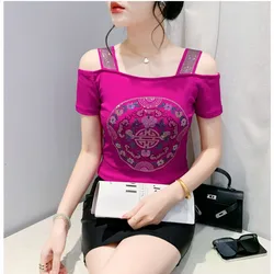 New European Clothes Summer Fashion T-Shirt Sexy Off Shoulder Shiny Diamonds Women Mesh Tops All Match Tees Blouse