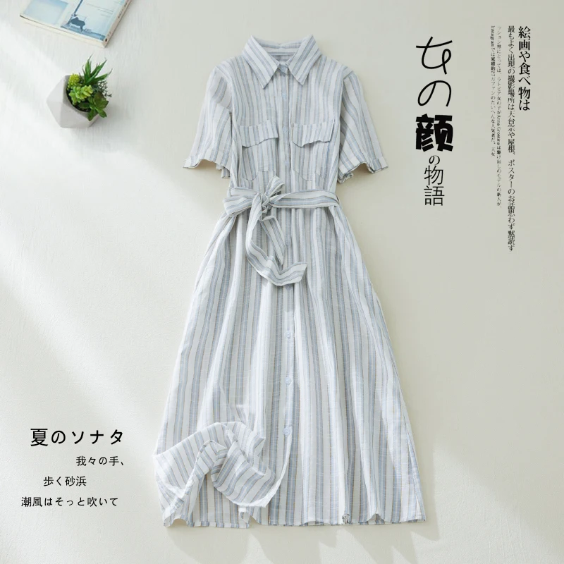 2022 New Arrival Japanese Style Soft Cotton Linen Print Striped Chic Summer Blouse Dress Sashes