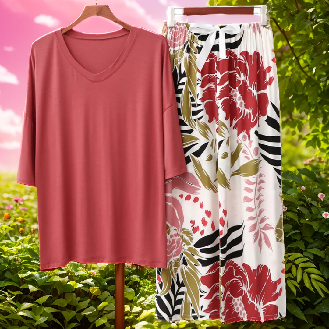 

Women's Summer Sleepwear - Modal Floral Print Nine-Quarter Pants and Loose Short Sleeve Pajama Set, Plus Size Fashion Homewear