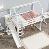 Bunk Beds Twin Size House Loft Bed with Slide, Storage Shelves and Light, Climbing Ramp, Low Loft Bed Frame, Bunk Beds for Kids 1