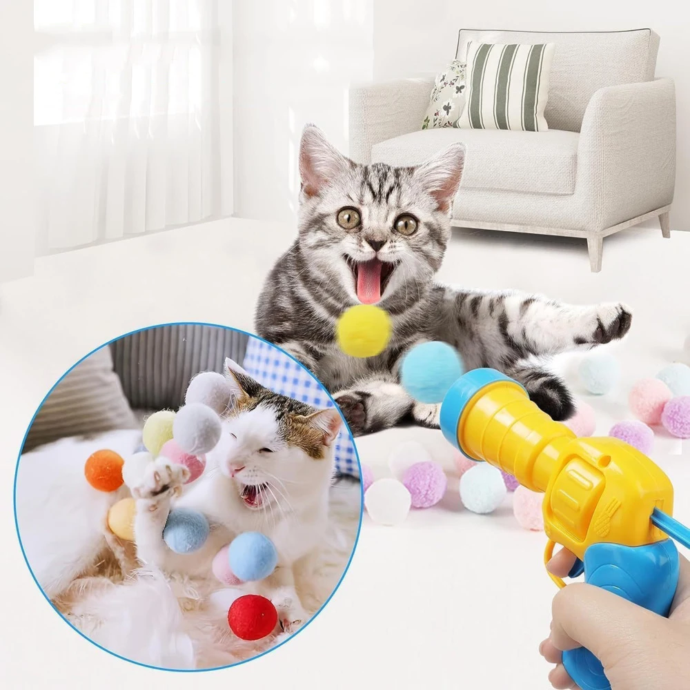 Interactive Launch Training Cat Toys Mini Shooting Gun Pet Kitten Creative Cat Plush Micro Elastic Sticking Plush Ball Chew Toy