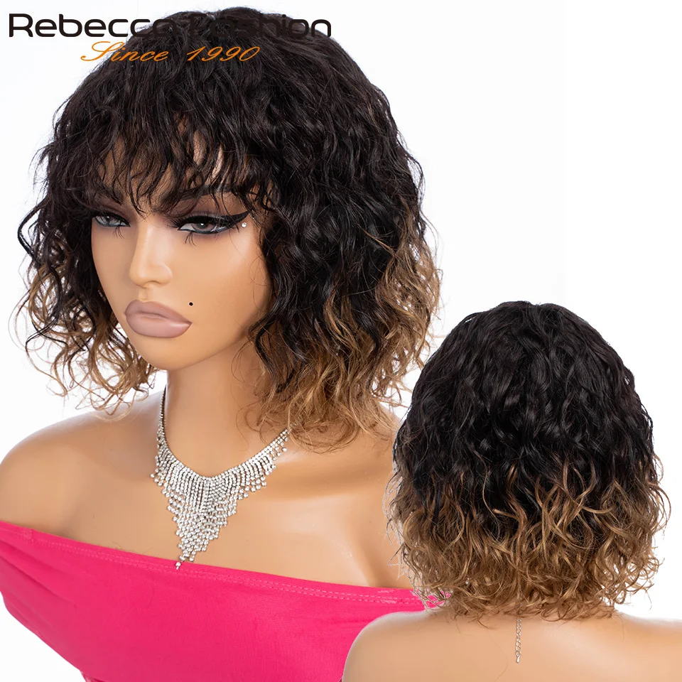 

Dark Tone Blonde Short Natural Wavy Black Bob Wig with Bangs Sheer Beaut & Jewelry Short Bob Corn Wavy Bang Wigs for Women