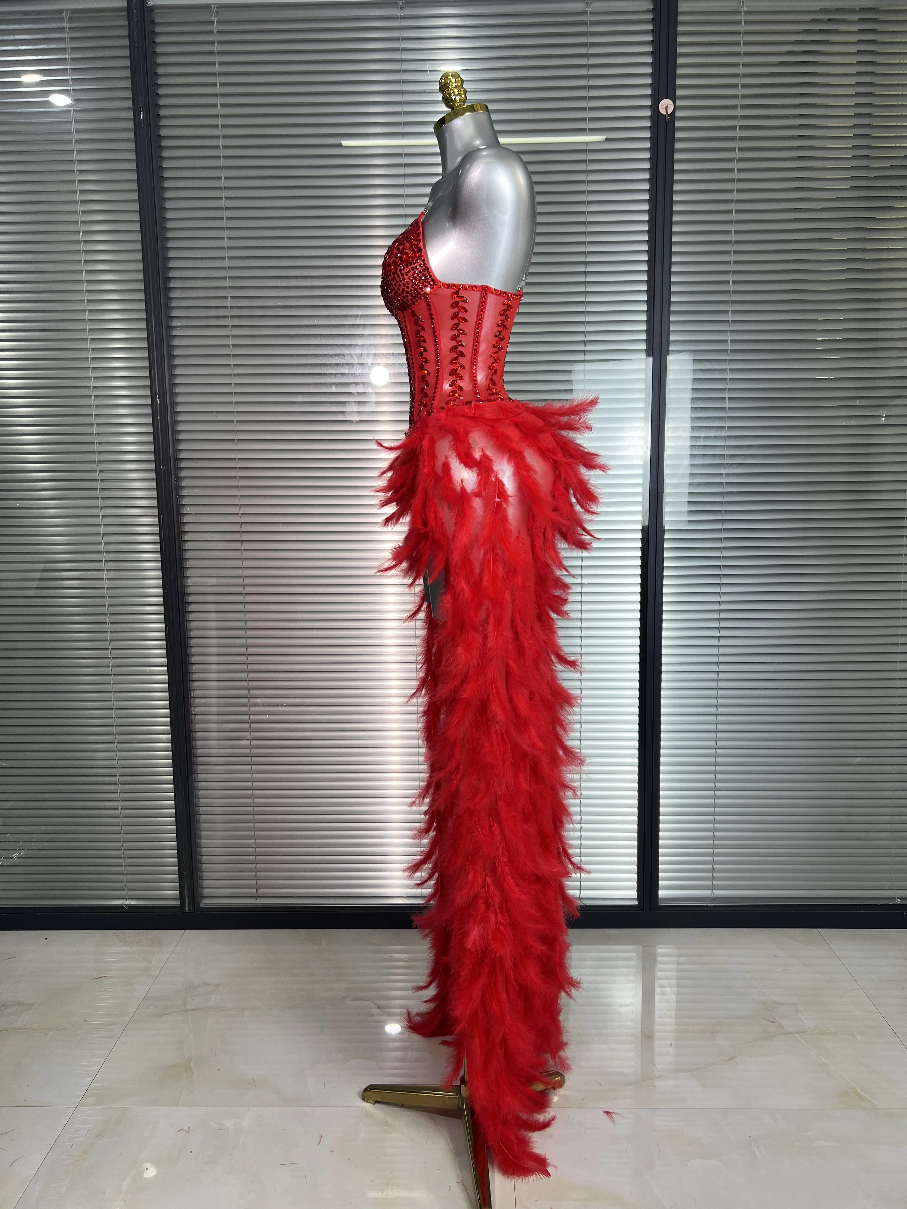 Women Sexy Mesh Feathers Stage Costume Stage Red Stretchy Night Club  Bodysuit Party Maxi Dress - AliExpress 200000345