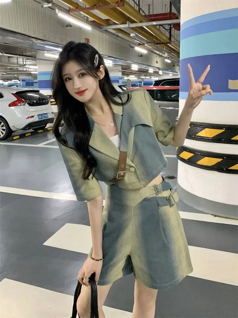 Korea Denim Blouse Top Hig Waist Shorts New Two Piece Set Temperament Fashion Spring Summer