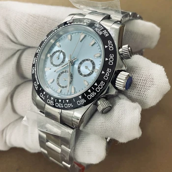 Bomax marina-reloj con movimiento de cuarzo, cronógrafo con esfera azul de 39MM, puntero luminoso de zafiro VK63, pulsera de acero con bisel de cerámica D9 4