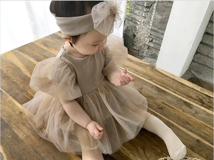 South Korea's same centenary princess short-sleeved climbing suit baby girl bubble sleeve puffy gauze skirt sister dress
