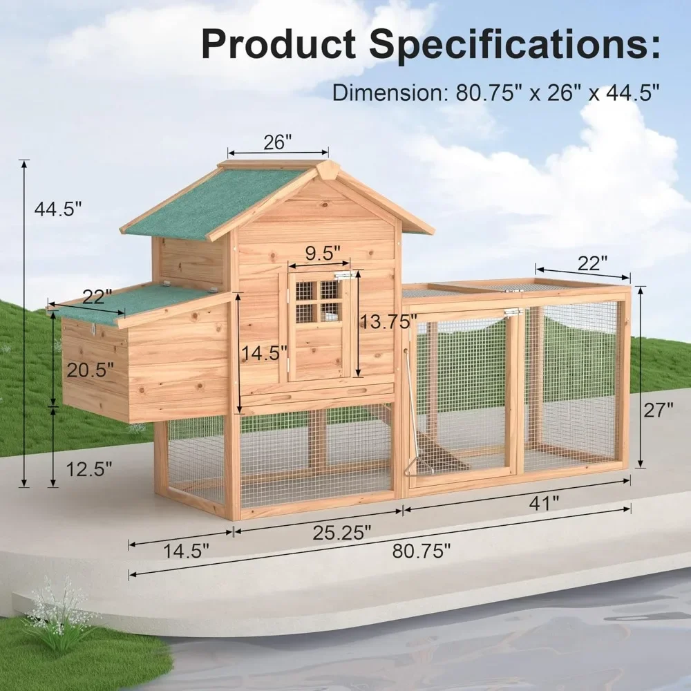 Outdoor Chicken Coop for 2-4 Chickens Wooden Hen House Poultry Pet Hutch Run Cage with Waterproof Asphalt Roof, Wire Fence (80") 6