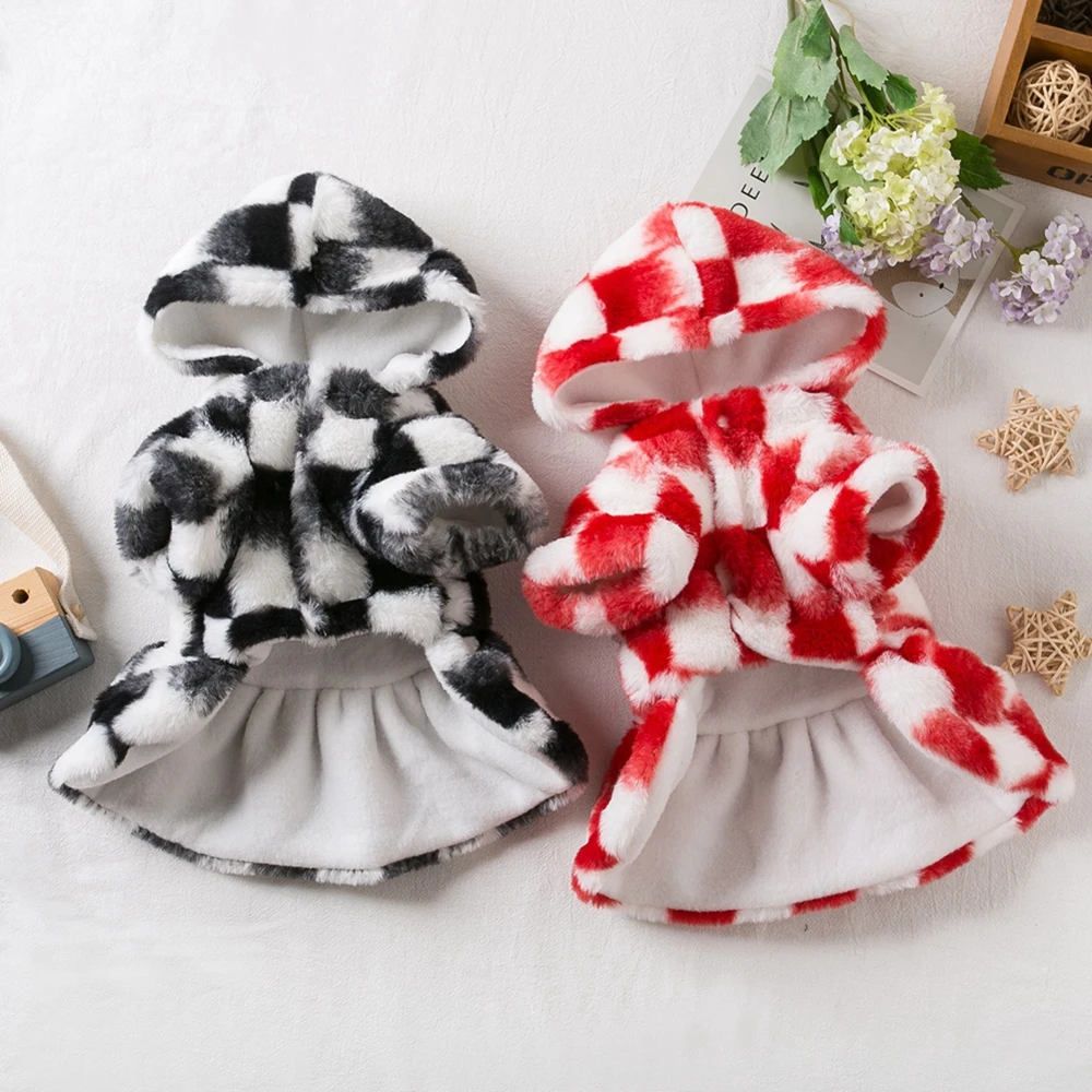 

Pet Clothes Elegant Luxury Fur Dress Fashion Plaid Dog Hoodie Coat Winter Overcoat Small Dog Cat Clothes Chihuahua Pet Outfits