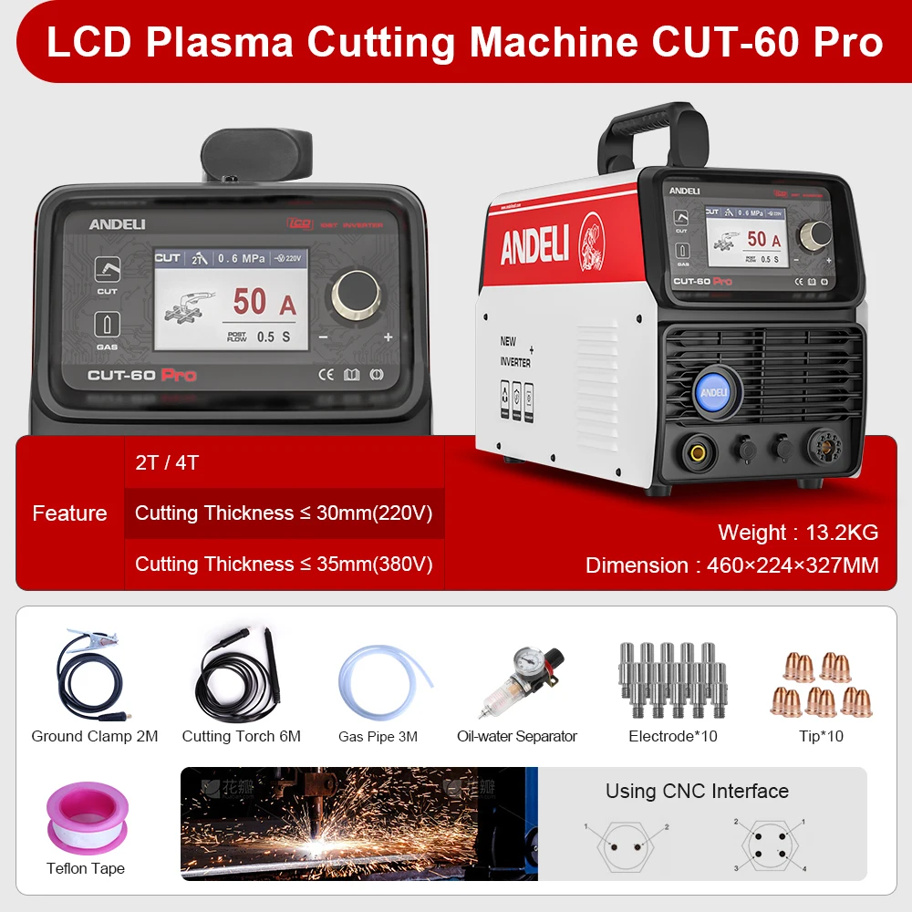 ANDELI CUT-60 PRO CNC Plasma Cutting Machine 220V&380V LCD Display Non-HF Pilot Arc Contacting Cutting Plasma Cutter