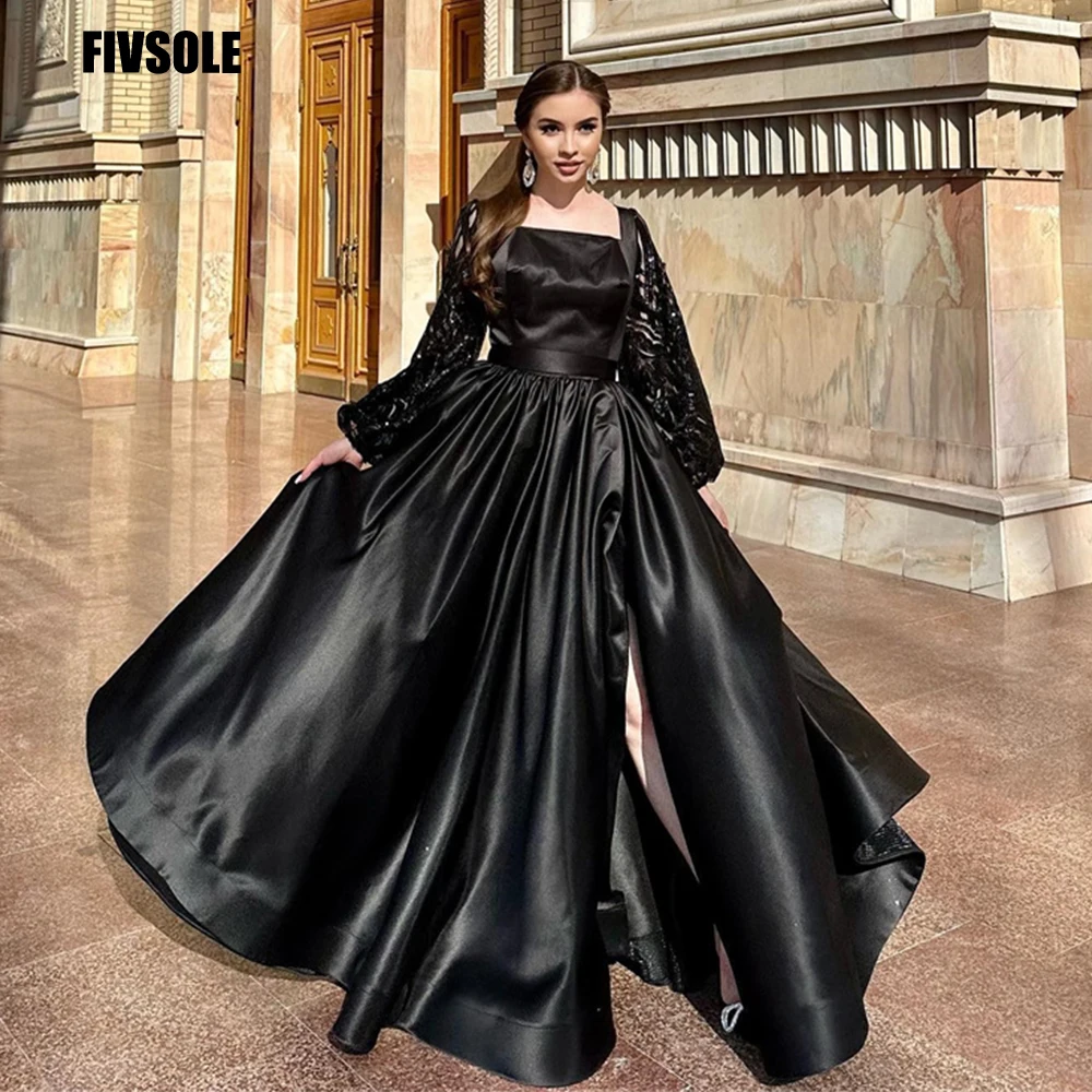 

Fivsole Elegant A-line Black Prom Dresses Lace Sleeves Evening Gowns Square Neck Party Gowns Formal Event Dress Robes De Soirée