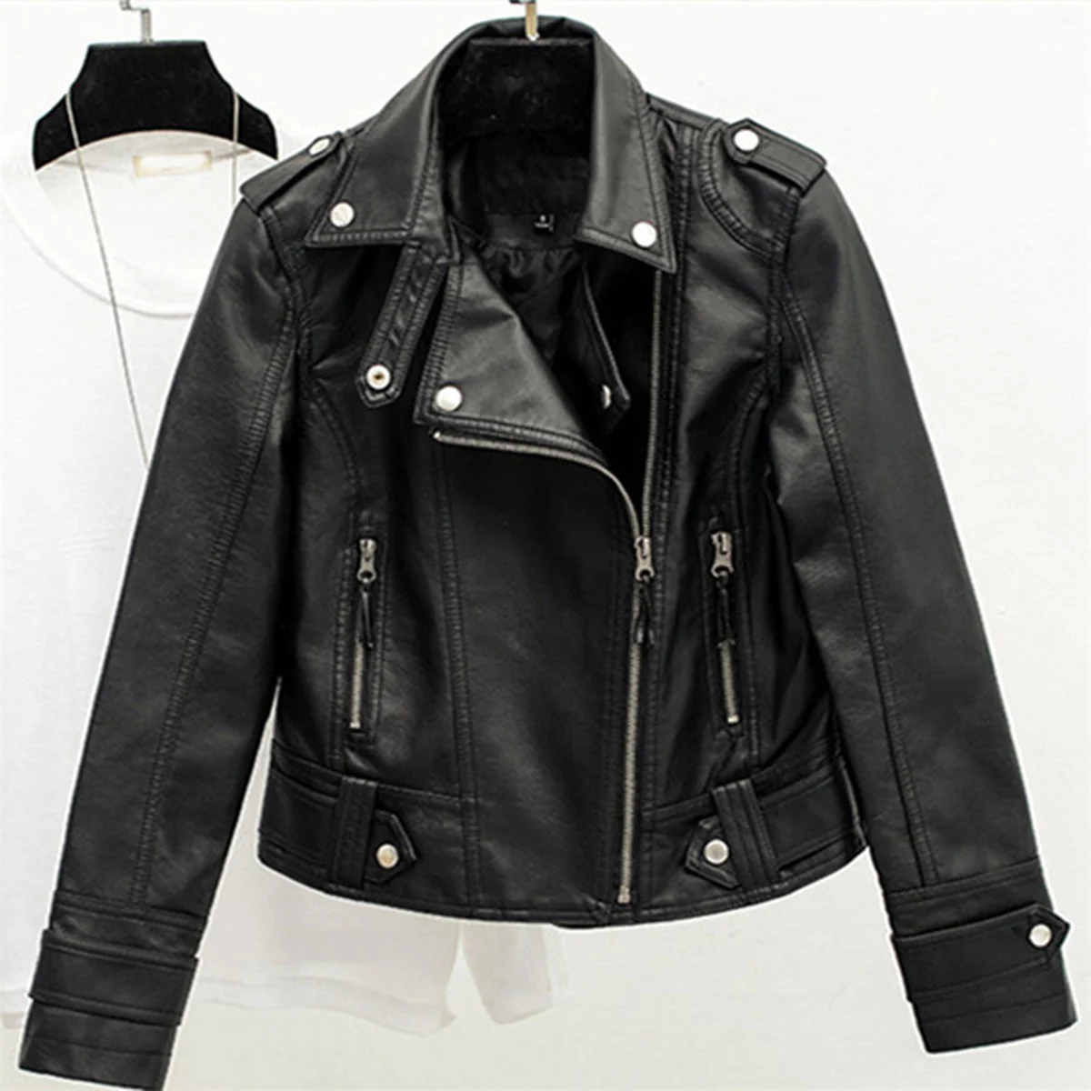 Fashion Leather Jacket Women Turn Down Collar Short Coat Zipper Long Sleeve New In Jackets 2024 Chic Streetwear Motorcycle Tops 4