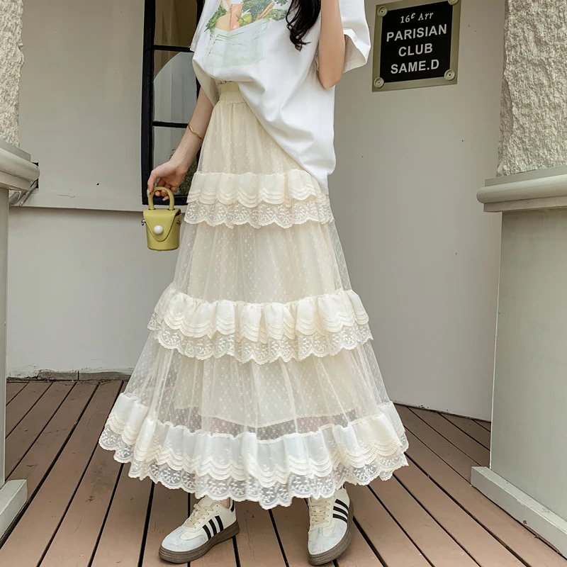 

Женская длинная юбка в Корейском стиле, кружевная сетчатая юбка-трапеция в стиле пэчворк с вырезами, Элегантные Осенние миди-юбки, Прямая поставка