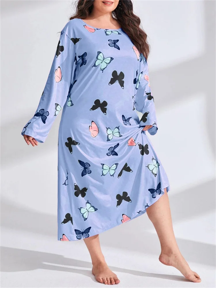 Spring Summer Women's Oversized Pajamas Dresses Long Sleeve Butterfly Heart Leopard Print Nightgown