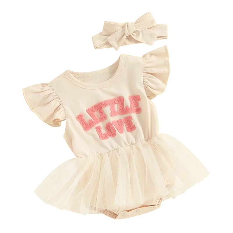 

Baby Girl Romper Dress Ruffle Sleeve Letter Printed Mesh Tulle Tutu Bodysuit Headband Newborn Daddys Girl Outfits