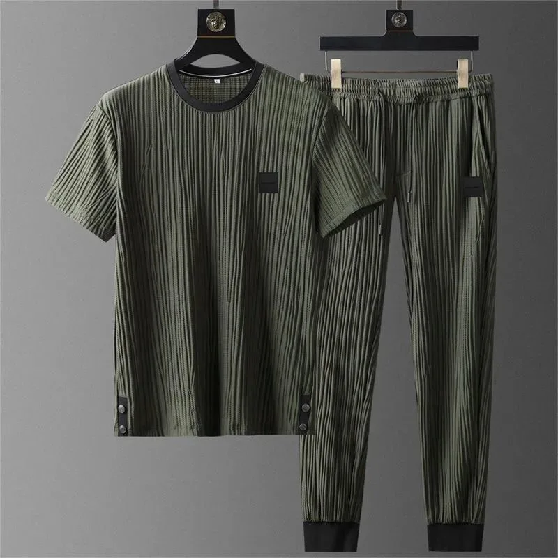 New Summer Ice Silk Casual Sports Suit Men's Pleated Thin t shirt + Pants Two Piece Set Men's High Quality Breathable Tracksuit