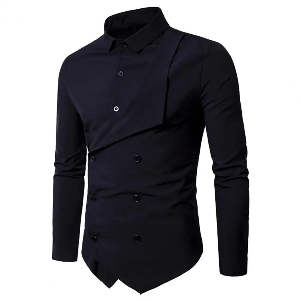 Autumn Winter Solid Color Chef Shirt Men Double Breasted Lapel Fake Two Pieces Design Slim Fit Work Shirt Workwear men casual shirts