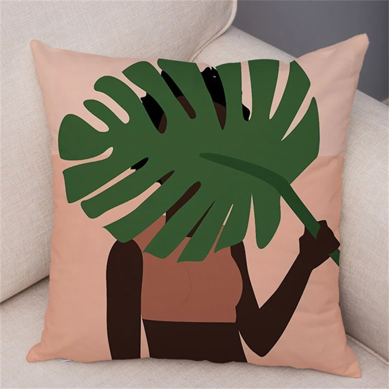 2022 Tropical Plant Soft Plush Black Africa Girl Pillow Case Linen Geometric Fashion Women Cushion Cover for Sofa Car Home Decor