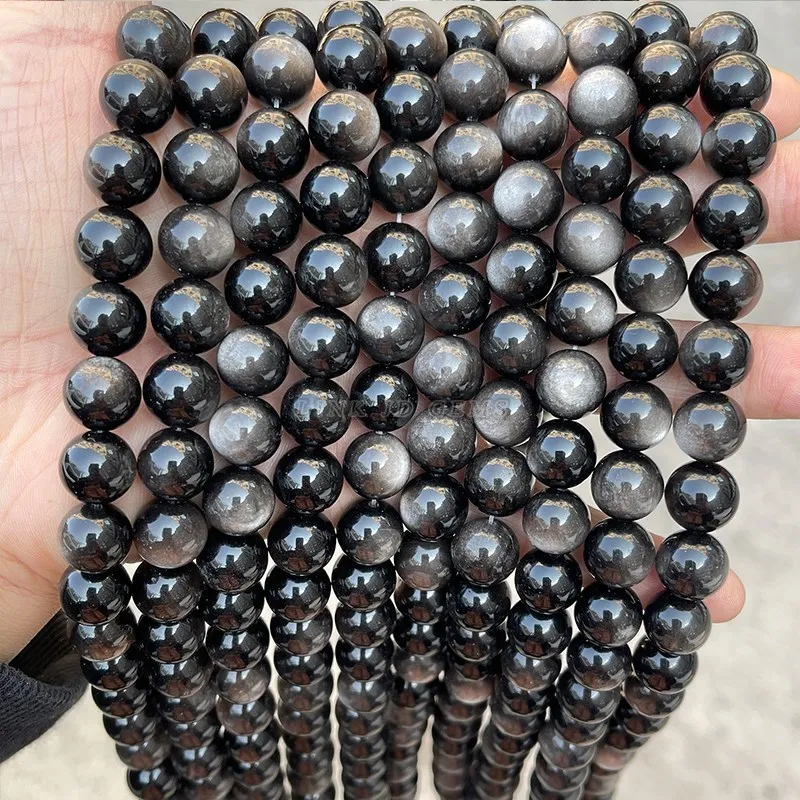 7A Natural Stone Silver Obsidian Beads Round Loose Stone Bead 6 8 10 12 14mm for Jewelry Making DIY Bracelet Accessories 15 Inch