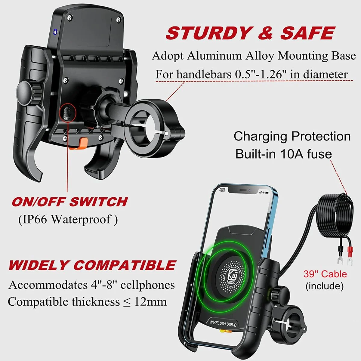 Wireless Charging Motorcycle Phone Holder with Quick Charge 3.0
