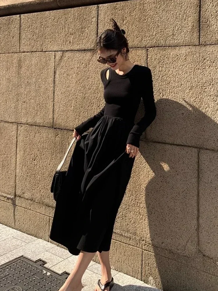 

HOUZHOU Vintage Black Dress Women Autumn Winter Elegant Slim Hollow Out Knitted Long Sleeve O-Neck Long Dresses Office Lady