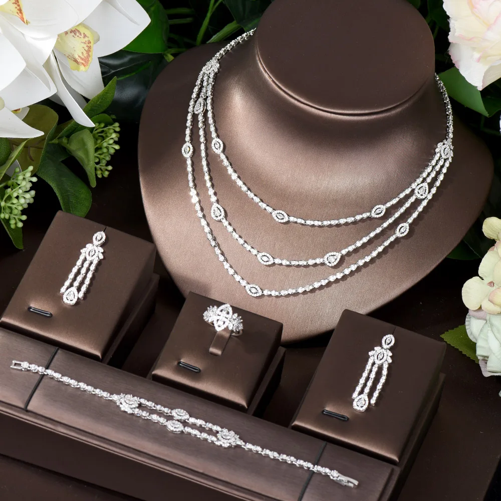 

HIBRIDE Three Layers Luxury Indian Jewelry Sets For Women Engagement Party Cubic Zircon Crystal Dubai Bridal Jewelry Set N-793