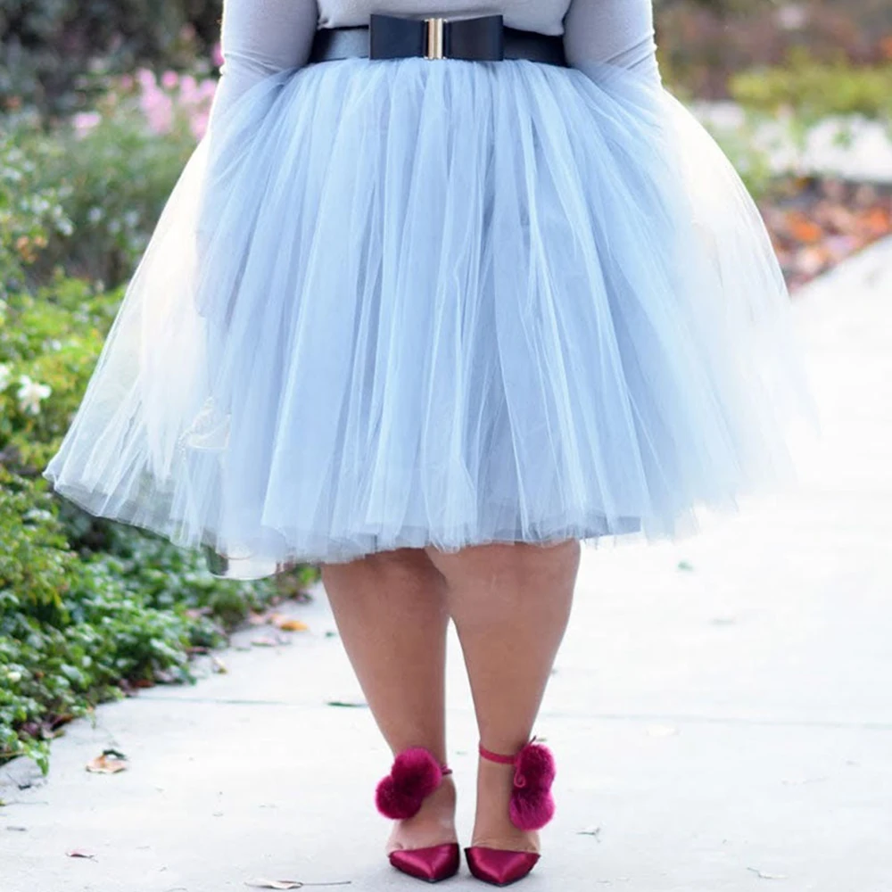 Plus Size Light Blue Tulle Fluffy Solid Skirt Dress