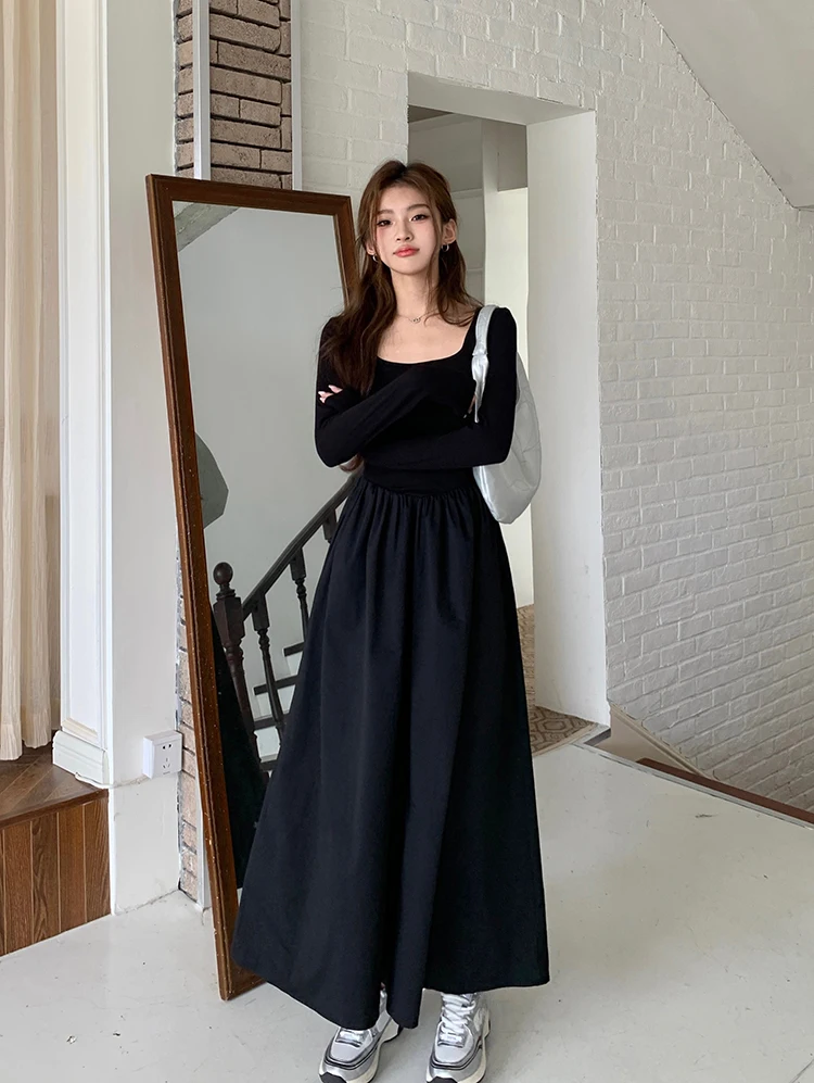 Casual Knitted Midi Dresses for Women Solid Long Sleeves Square Collar A-line Autumn New Elegant Dress Female Slim Vestidos