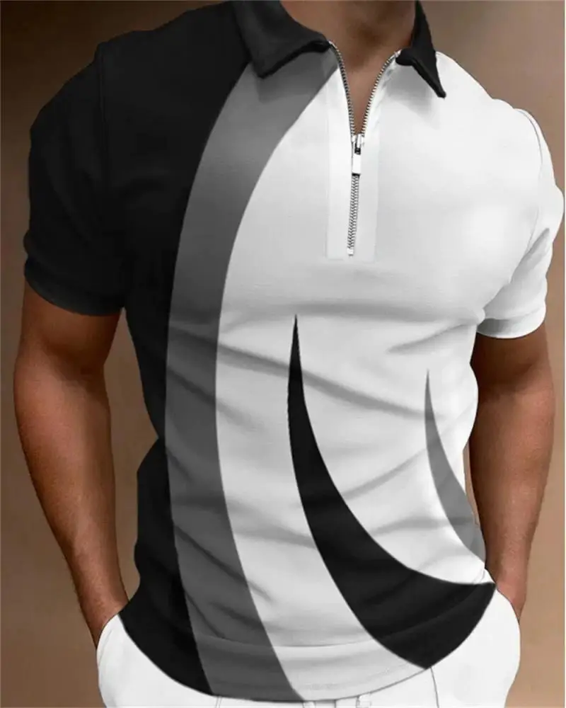 

New Summer Men'S Business Polo Shirt Casual Short Sleeve Lapel Zipper Top Tees Striped Lattice 3d Printed Breathable Streetwear