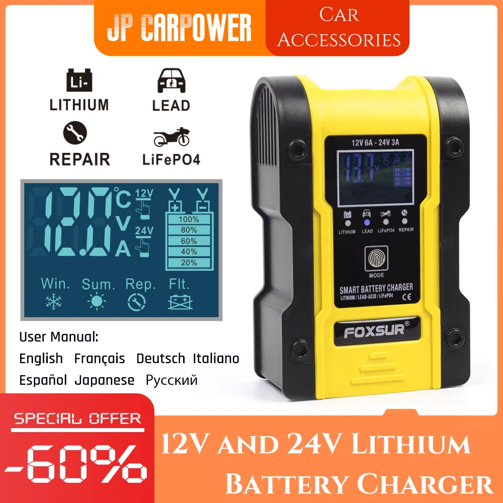 FOXSUR Smart Battery Charger 12V 24V for Car Motocycle RVs Lead Acid