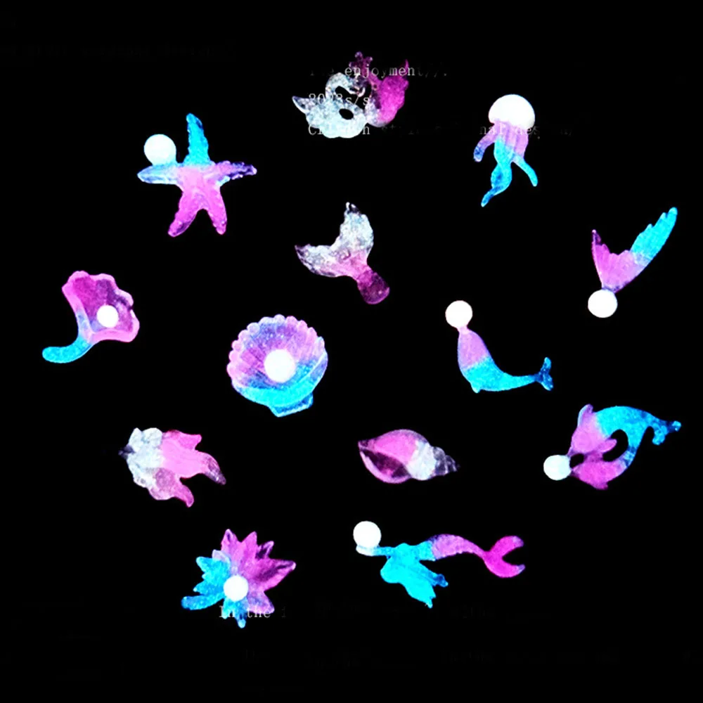 50pcs 빛나는 인어 네일 매력 DIY 쉘 불가사리 매니큐어 액세서리 매력에 대 한 글로우 오션 시리즈 네일 장식 부품