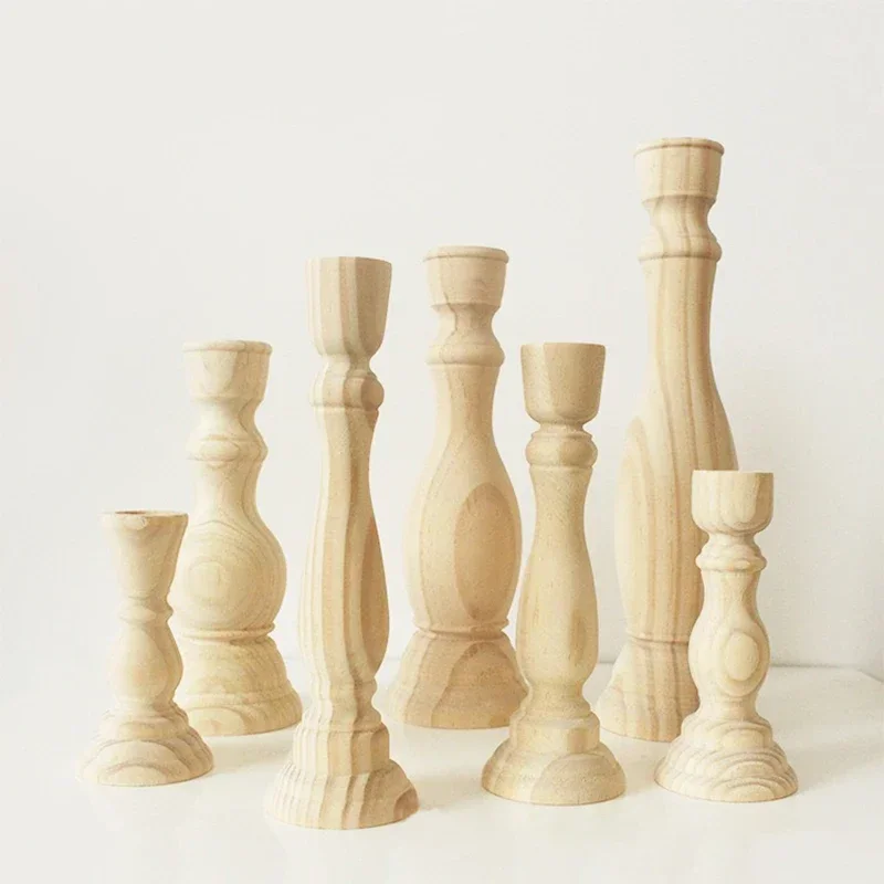 Wood Unfinished Candlesticks Holders Retro Unpainted Wood Classic Craft Candle Holders Creative Diy Home Wedding Decorations