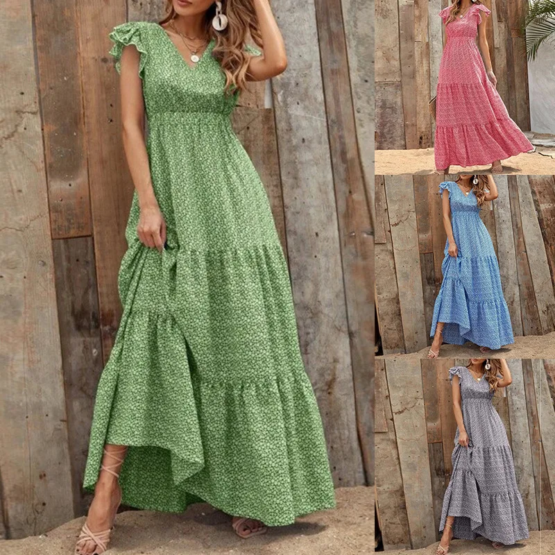 

Women's Dress 2024 Printed V-neck Waist Long Dress Bohemian Summer Flying Sleeved Patchwork Ruffles Holiday Maxi Dress Ladies