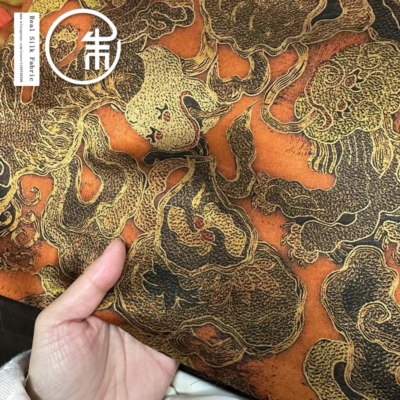 

High Quality 40momme Orange Bottom Totem 100% Real Silk Designer Real Silk Gambiered Silk Fabric Cheongsam Clothing Cloth