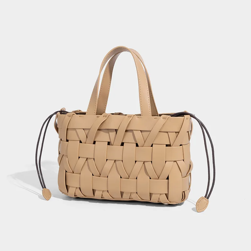 Fashionable Soft Leather Bucket Bag Women's Handbag Woven Hollow out Design Single Shoulder Crossbody Trendy New 2025