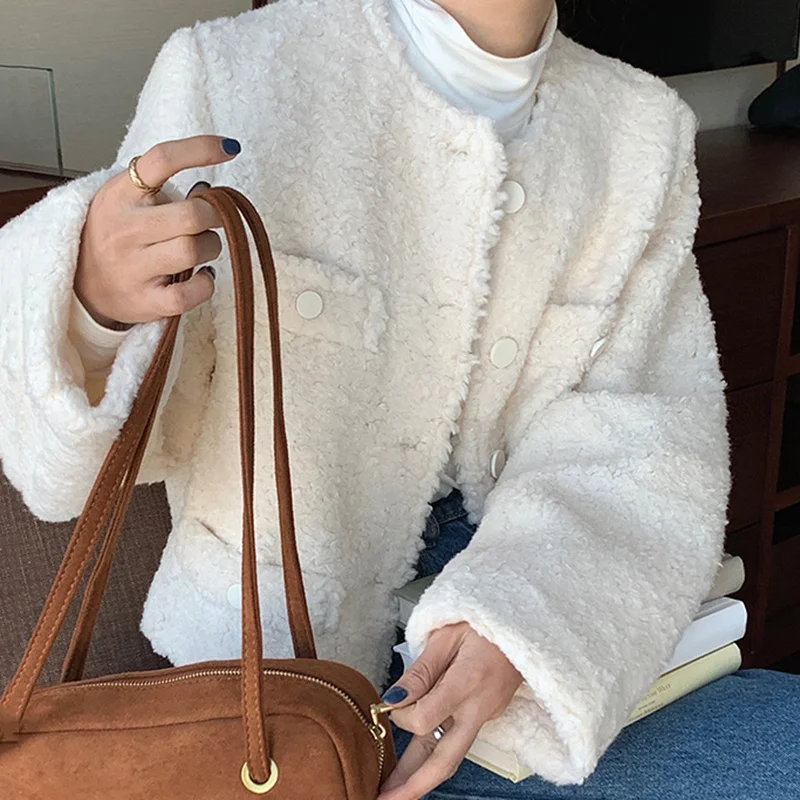 Korea Chic Autumn and Winter Temperament 2023 New Round Neck Single-breasted Loose Thick Warmth Imitation Lamb Fur Coat Women